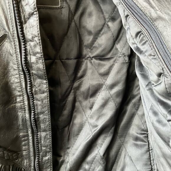 Vintage 80’s UNIK Fringe Leather Black Jacket Small/ Medium - Picture 7 of 12